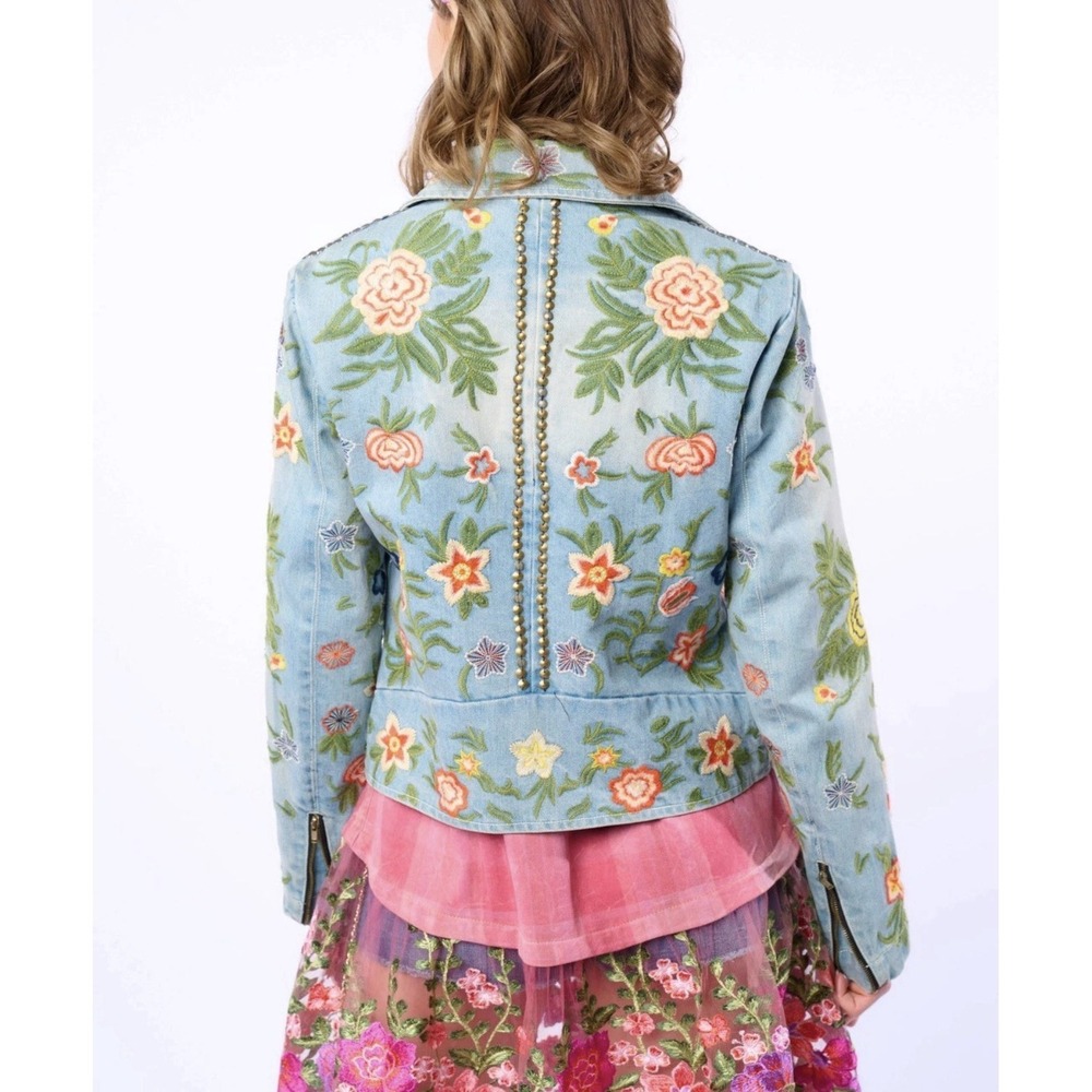 Aratta Lucinda Embroidered Denim Motorcycle Jacket Boho Festival Victorian - Picture 3 of 6